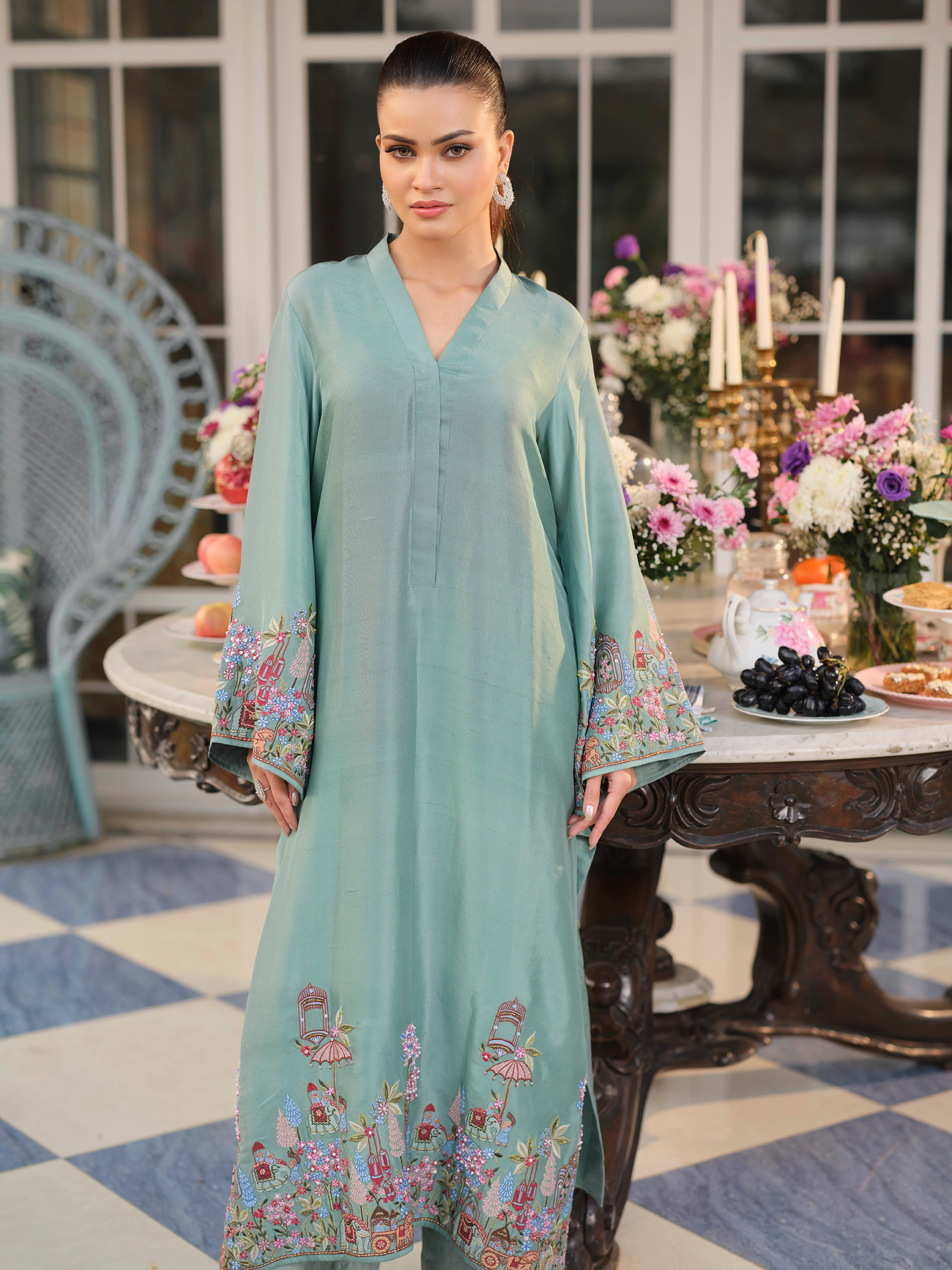 Mint Kameez Mughal Motif